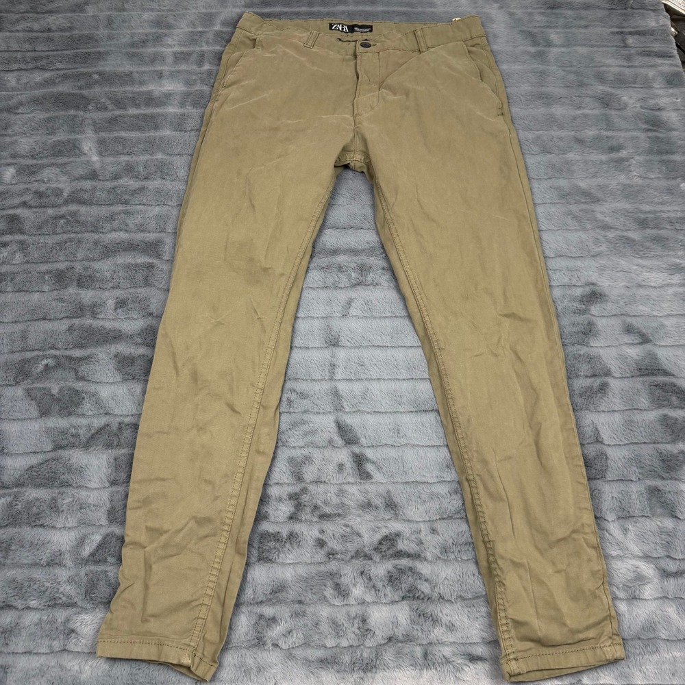 Zara Man Slim Fit Chino Pants Olive Green Khaki Size 34 Cotton Stretch 13856